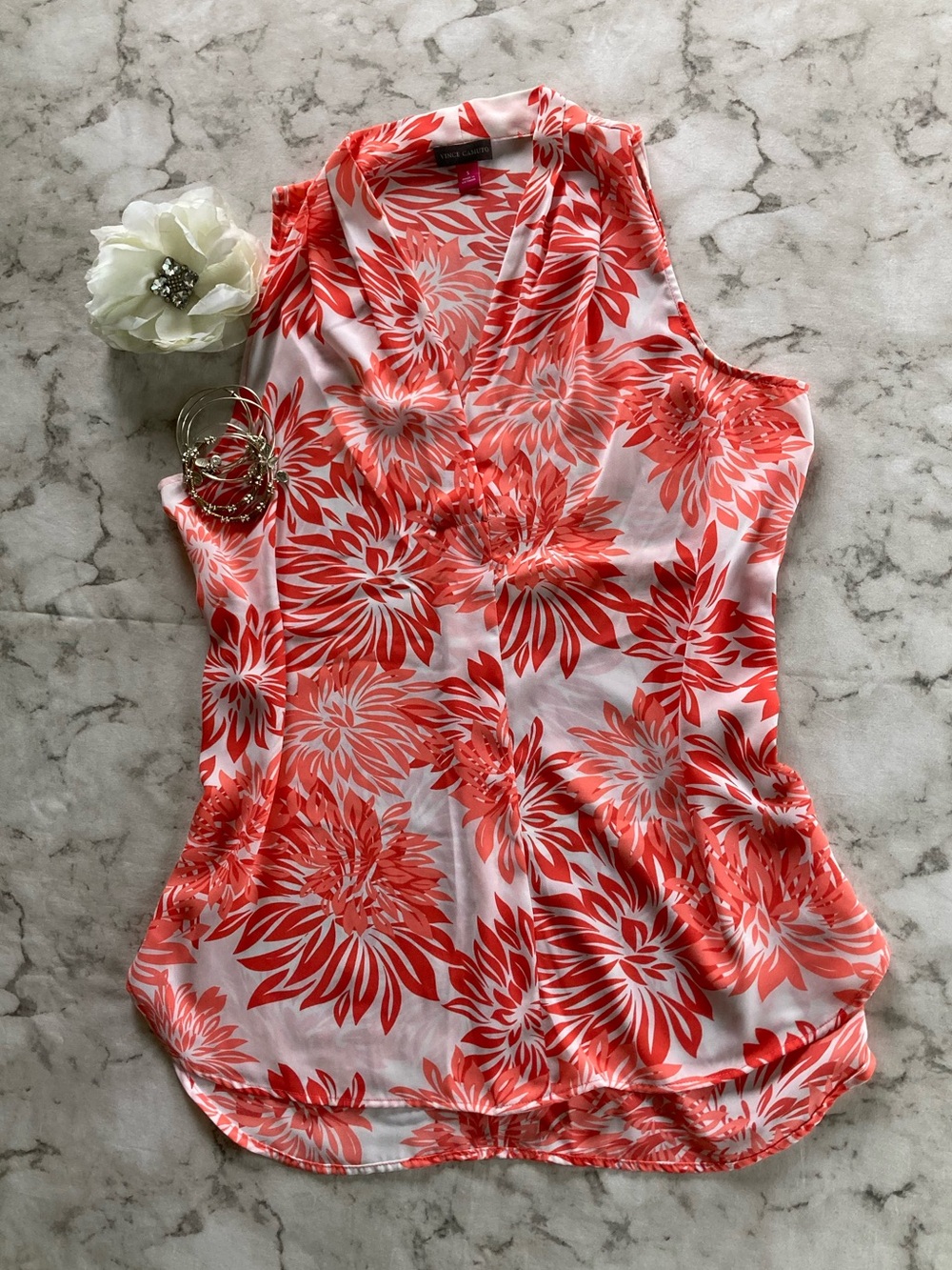 Vince Camuto Coral Pink Floral Sleeveless V-Neck top